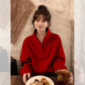 新年氛围 红色半拉链卫衣女秋冬宽松立领上衣慵懒风显瘦爆款 外套