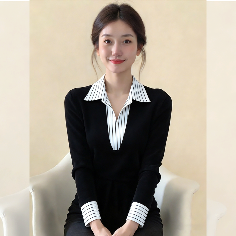 静奢气质~黑白条纹拼接假两件上衣女春秋显瘦长袖打底衫翻领衬衣,女装/女士精品,大码内搭,淘宝优惠券,粉丝福利购,淘宝优惠卷