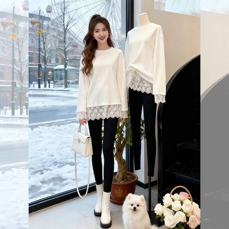 秋冬拼接蕾丝白色长袖t恤女新款