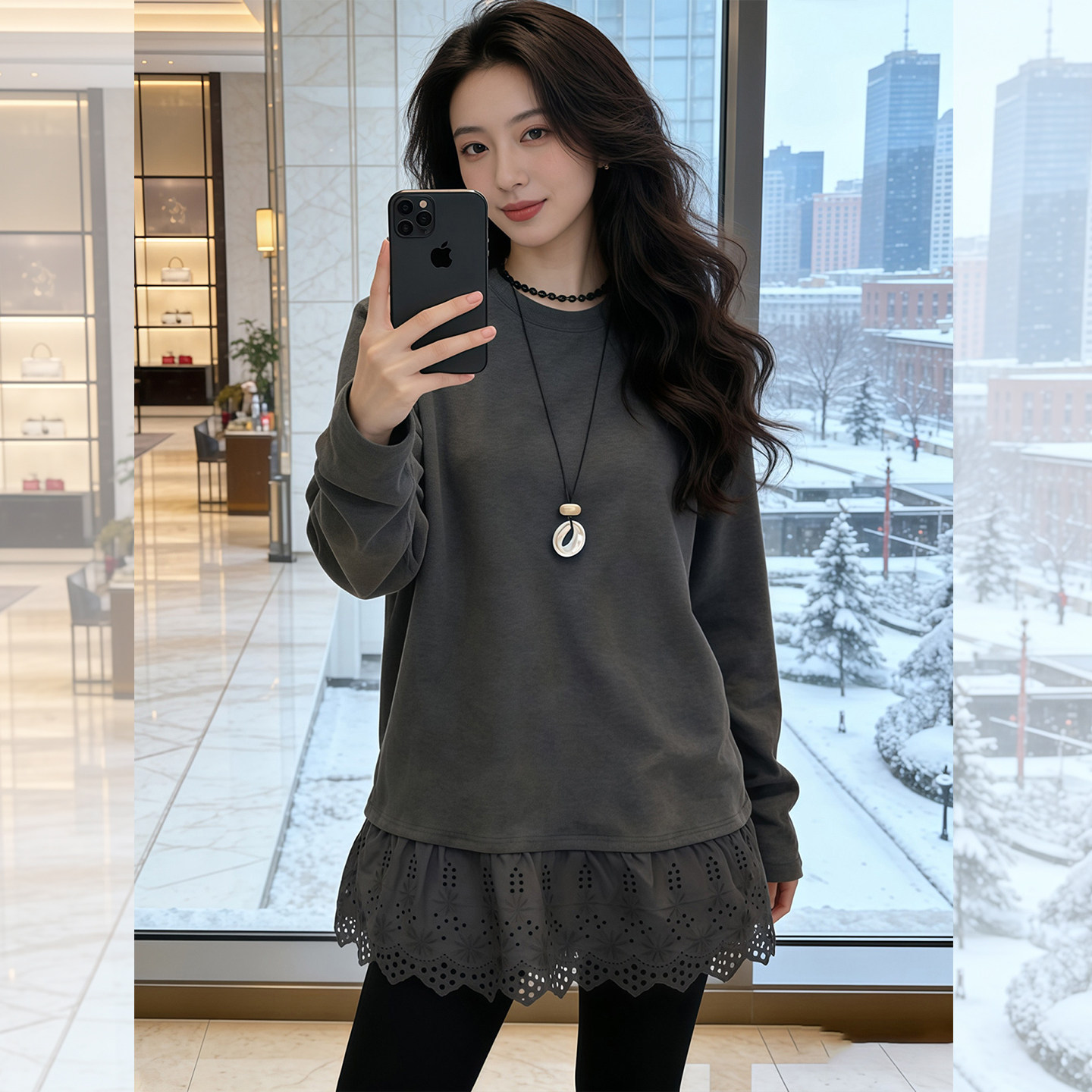灰色星空~韩系蕾丝拼接圆领内搭打底衫女2026年秋季宽松显瘦上衣,女装/女士精品,大码内搭,淘宝优惠券,粉丝福利购,淘宝优惠卷