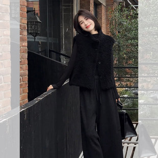 时尚老钱~黑色立领叠穿羊羔毛马甲女款冬季毛绒马夹外套保暖背心