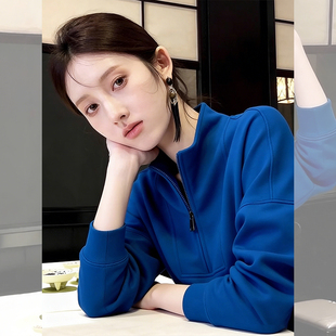 高级感短款 T恤女装 卫衣女 秋冬蓝色半拉链立领内搭打底衫 温存遇见