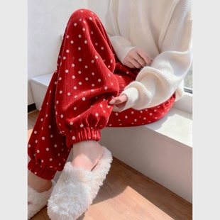 女秋冬宽松显瘦保暖休闲裤 浪漫街头 正红色波点加绒灯芯绒脚卫裤