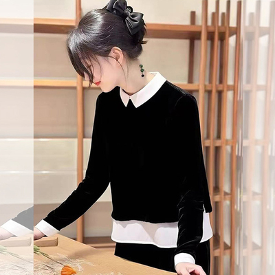 皎皎月光~娃娃领假两件丝绒衬衫