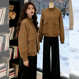 外套女秋季 显瘦棕色立领短款 高级感鹿皮派克服上衣 修身 冬夜相拥