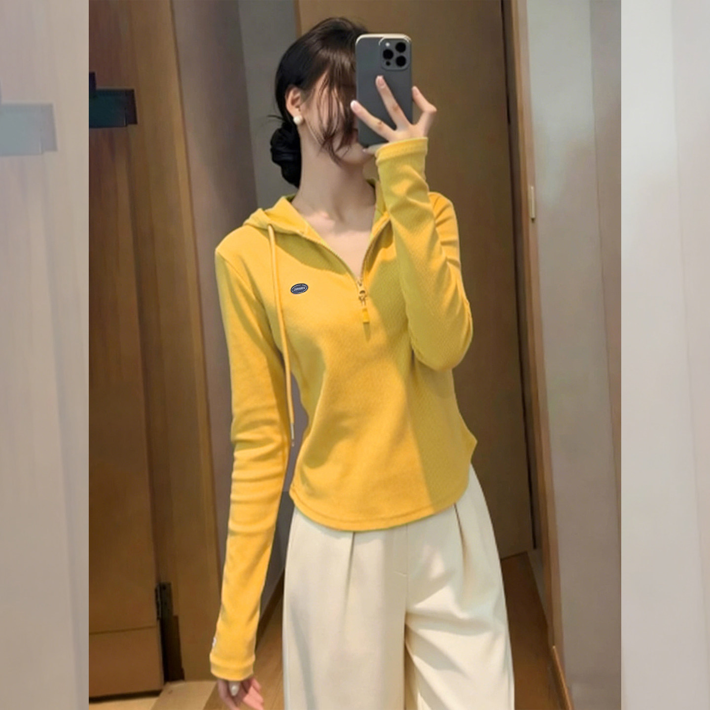 暖光芝士~黄色连帽半拉链长袖T恤女秋冬休闲洋气百搭显瘦内搭上衣,女装/女士精品,大码内搭,淘宝优惠券,粉丝福利购,淘宝优惠卷