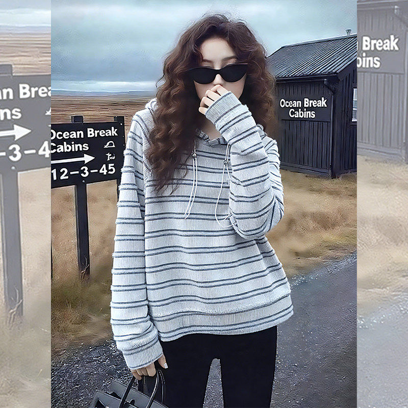 伦敦蓝调~独特漂亮巨好看蓝色条纹连帽卫衣女秋冬慵懒风宽松外套,女装/女士精品,短外套,淘宝优惠券,粉丝福利购,淘宝优惠卷