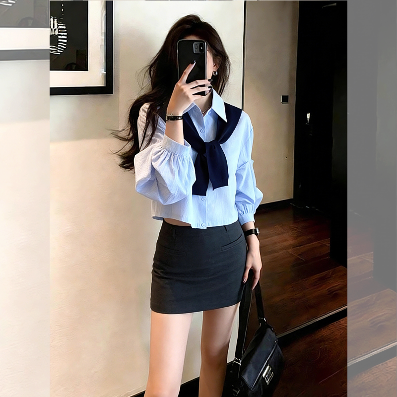 元气春日~韩系超火减龄蓝白条纹衬衫女配披肩小个子短款百搭衬衣,女装/女士精品,大码内搭,淘宝优惠券,粉丝福利购,淘宝优惠卷