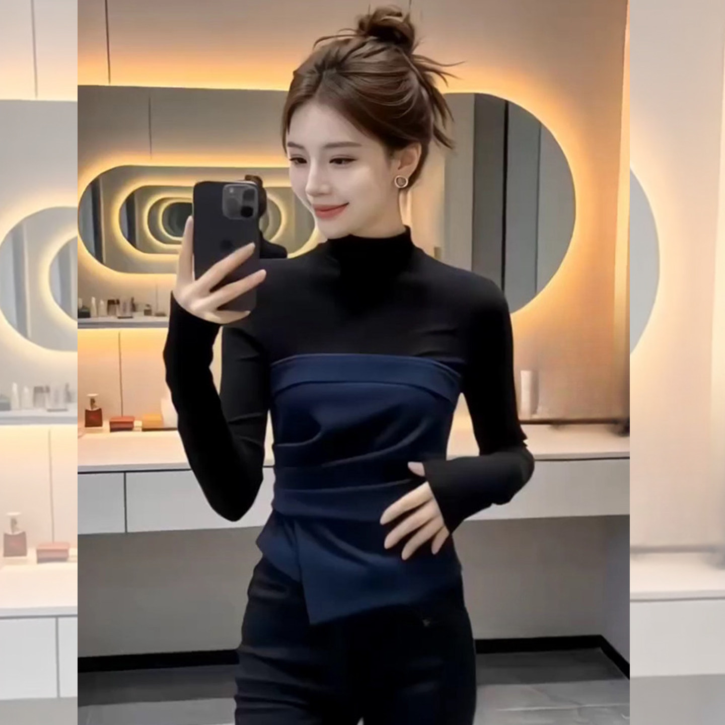 星辰撞色~蓝色假两件拼接半高领长袖T恤女不规则修身显瘦短款上衣,女装/女士精品,大码内搭,淘宝优惠券,粉丝福利购,淘宝优惠卷