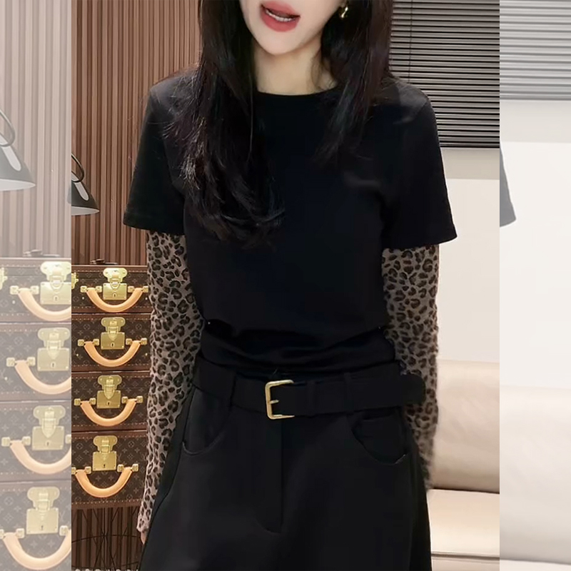 假两件豹纹长袖黑色t恤女秋季