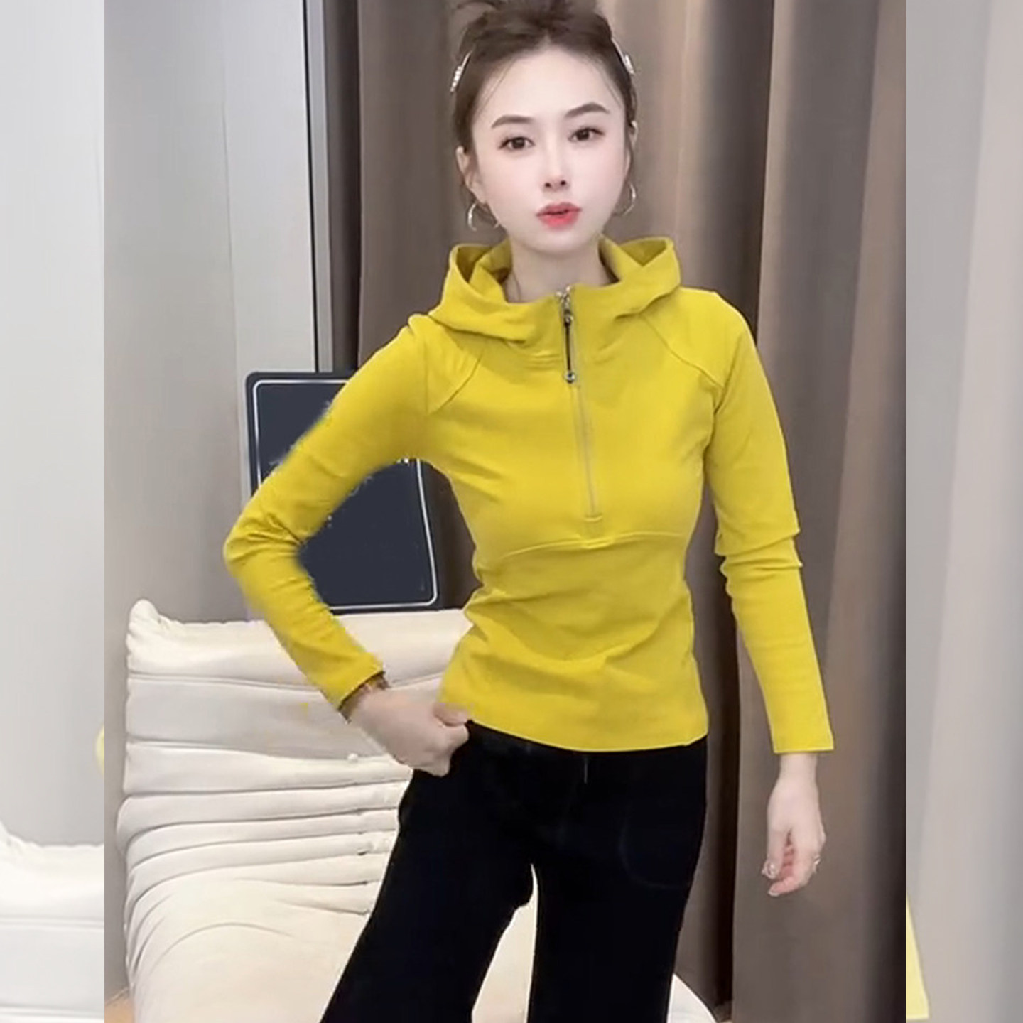 淡黄记忆~设计感连帽半拉链内搭打底衫女2026年秋季修身显瘦上衣,女装/女士精品,大码内搭,淘宝优惠券,粉丝福利购,淘宝优惠卷