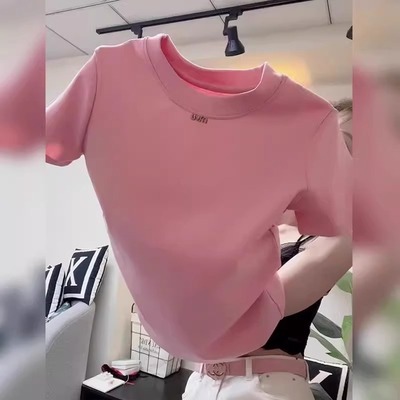 粉色正肩短袖t恤女2025新款