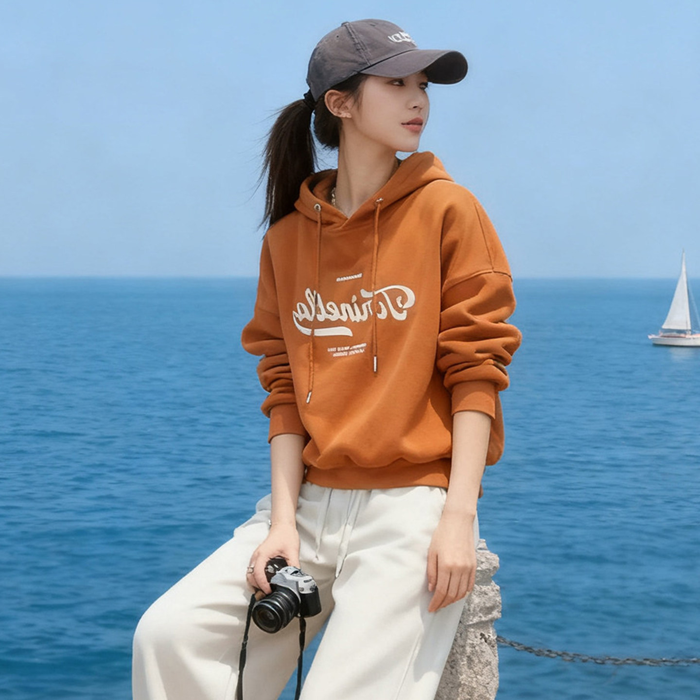 惬意慵懒~休闲气质橙色连帽卫衣女秋冬美式印花宽松显瘦早春上衣,女装/女士精品,常规大码外套,淘宝优惠券,粉丝福利购,淘宝优惠卷