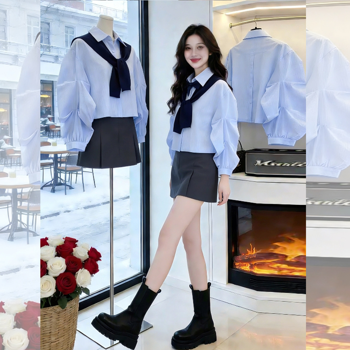 蓝白条纹~学院风披肩领结衬衫女2026春季新款宽松短款泡泡袖上衣,女装/女士精品,大码内搭,淘宝优惠券,粉丝福利购,淘宝优惠卷