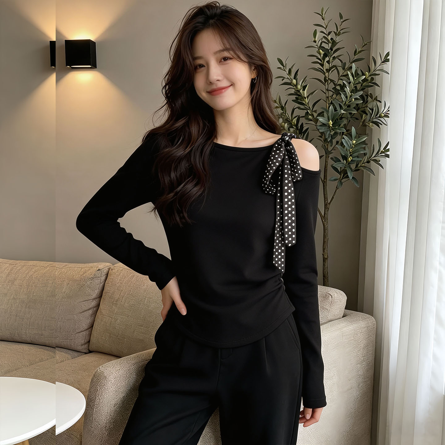 早秋黑色绑带露肩长袖上衣女大码图片
