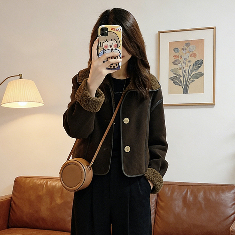 时尚穿搭~咖色翻领皮毛一体短款摇粒绒短款外套女设计感保暖外衣,女装/女士精品,短外套,淘宝优惠券,粉丝福利购,淘宝优惠卷