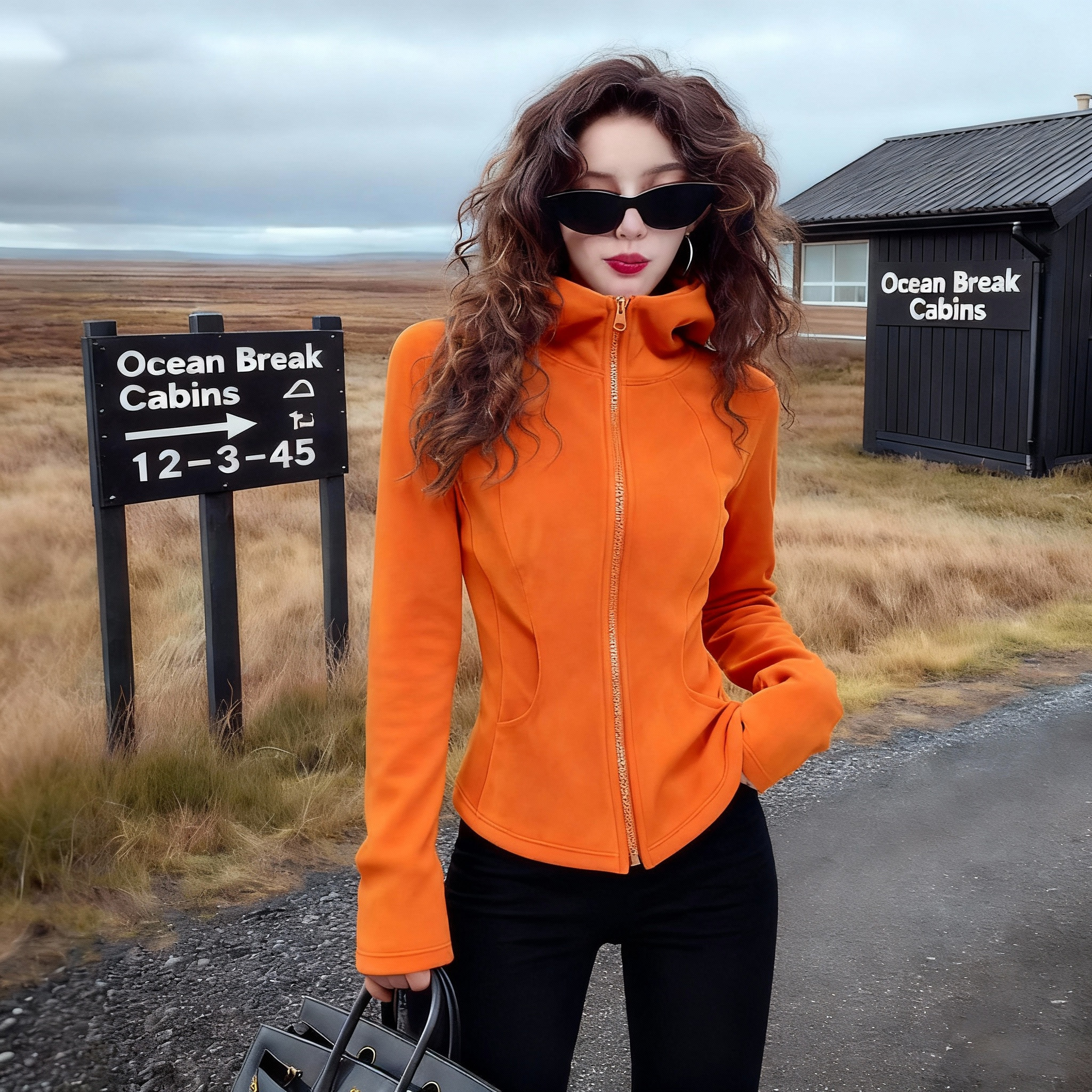 橘色~修身百搭连帽拉链立领卫衣