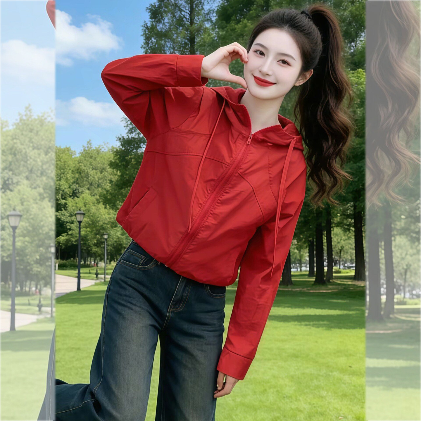 甜酷松弛~红色连帽短款防晒衣女图片