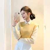 奶黄色假两件上衣女2026新款 奶黄清甜 春季 叠穿减龄翻领条纹衬衣