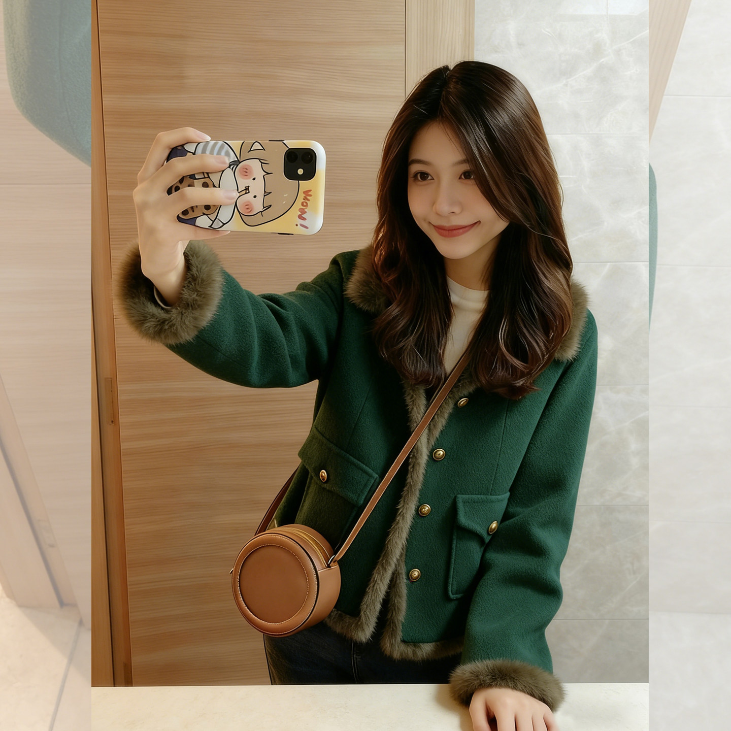 如约而至~韩系复古绿色毛领外套
