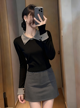 黑色夜晚~设计感翻领拼接内搭打底衫女2026年秋季修身显瘦长袖T恤