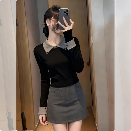 黑色夜晚~设计感拼接内搭打底衫