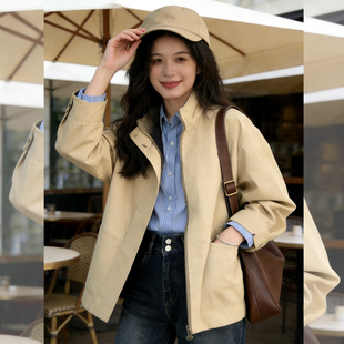 稚气纯真~超火卡其色宽松休闲冲锋衣韩系立领工装夹克外套女春秋