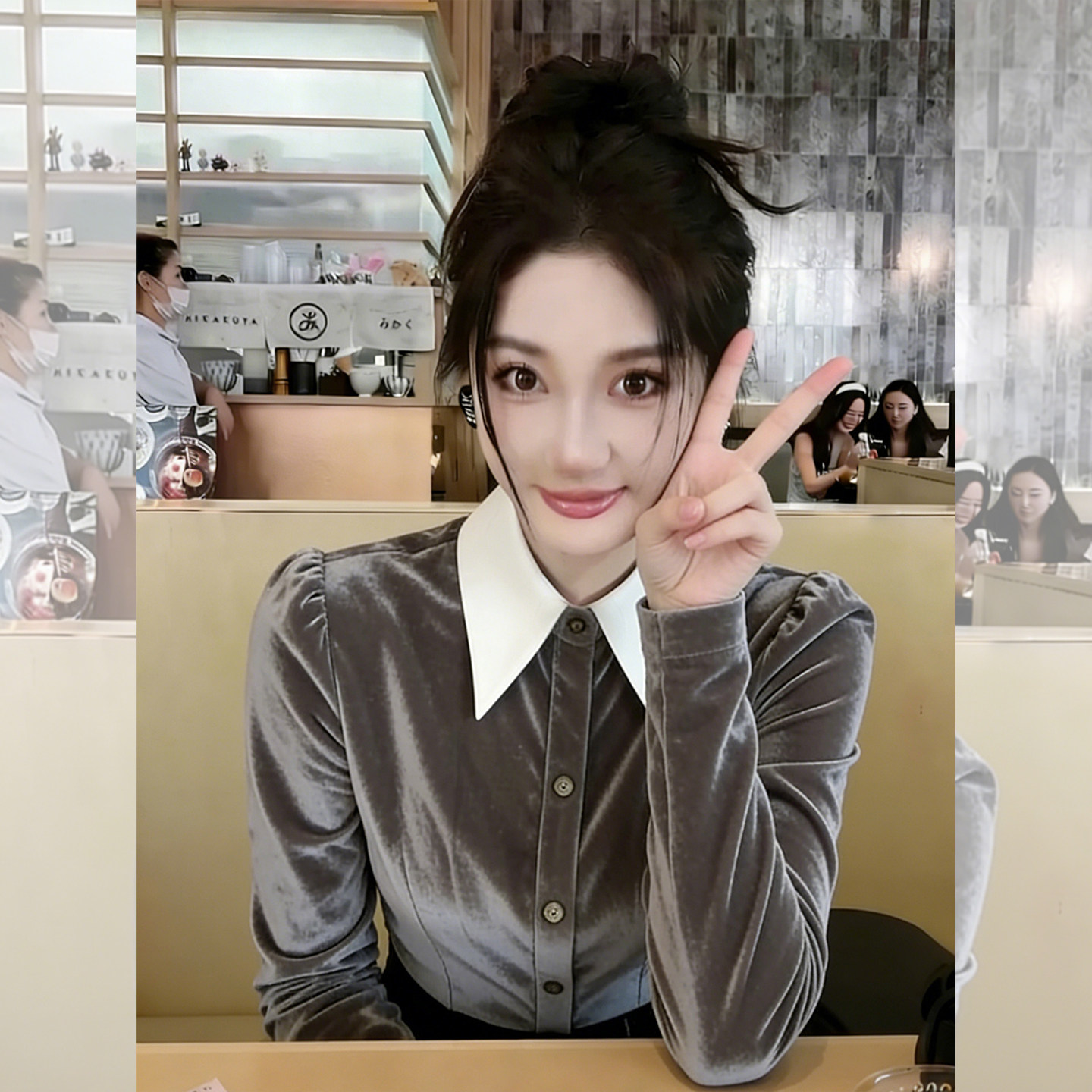 灰谐香韵~轻熟风气质翻领丝绒内搭衬衣女秋冬高级感修身显瘦上衣,女装/女士精品,大码内搭,淘宝优惠券,粉丝福利购,淘宝优惠卷