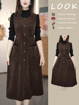 假两件背带连衣裙女士春秋冬季新款妈妈小个子长袖中长款拼接裙子
