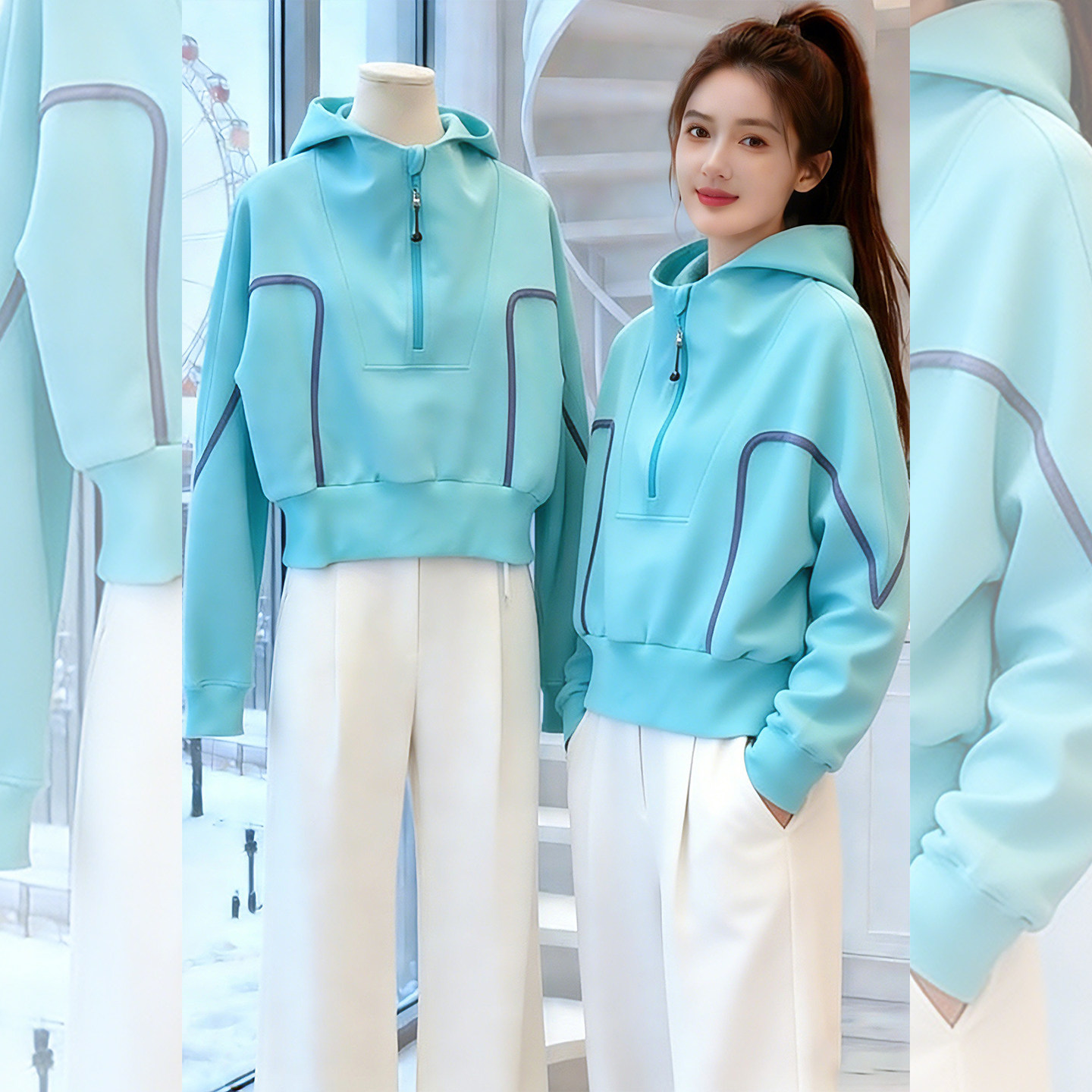 荧光蓝调~潮流高级感半拉链带帽卫衣女款冬季小个子宽松休闲上衣,女装/女士精品,时尚抓绒衣,淘宝优惠券,粉丝福利购,淘宝优惠卷