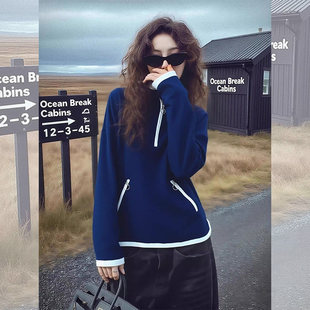 美式撞色~超火减龄蓝色立领卫衣女2026新款今年流行爆款百搭上衣