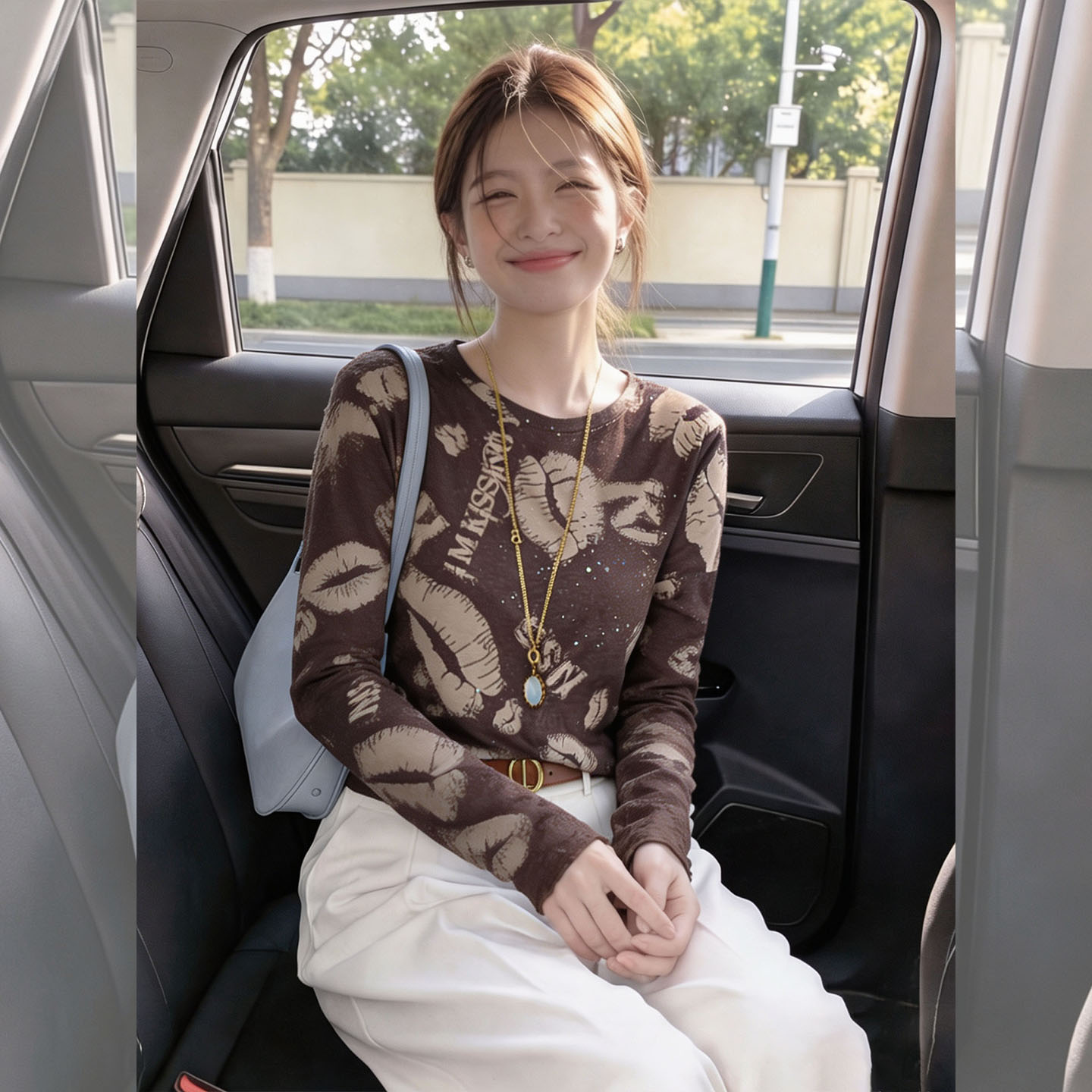 韩系咖色印花长袖薄款上衣早秋女装2026新款显瘦圆领打底衫女内搭