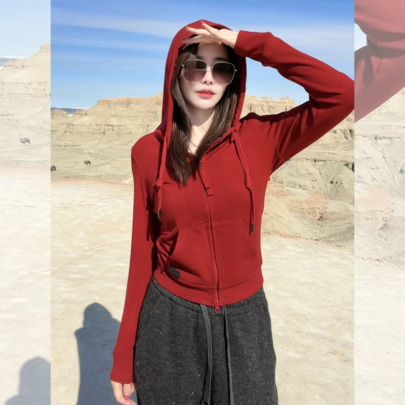 新年红色修身连帽卫衣外套女