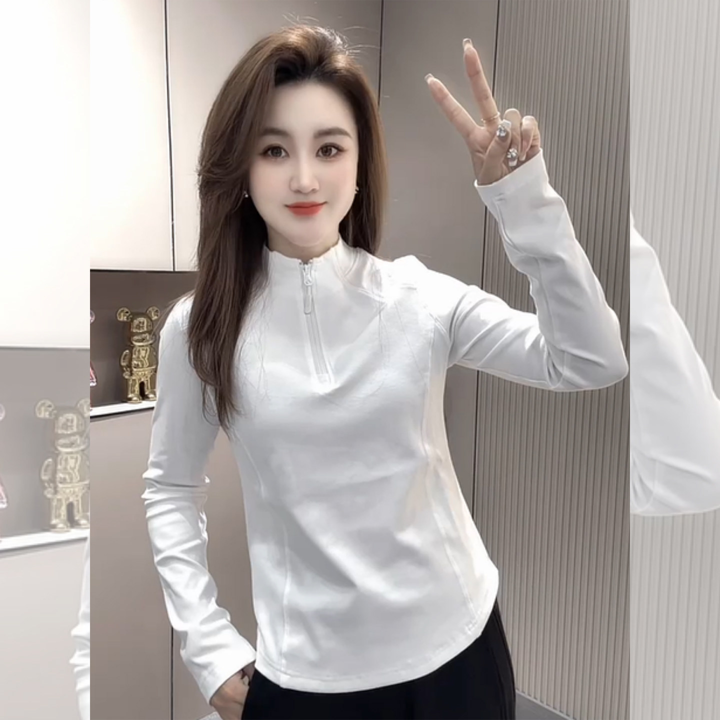 基础黑白~半拉链修身短款磨毛长袖T恤上衣女秋冬半高领内搭打底衫
