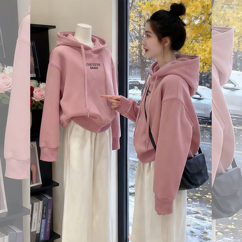 欧货爆款洋气减龄高级感超好看上衣别致粉色连帽套头连帽卫衣女冬