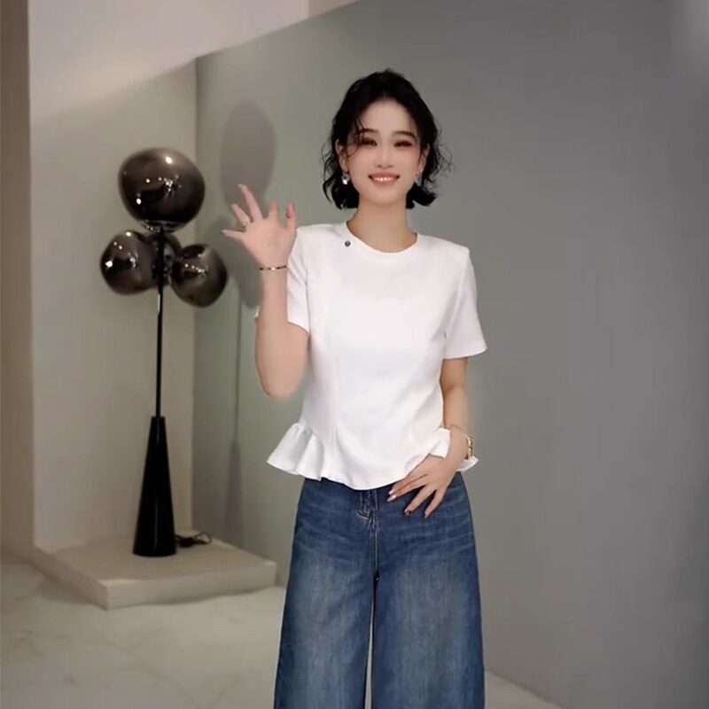 韩版小众简约圆领短袖上衣女夏图片