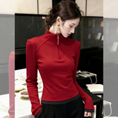 女2026年春季 玫瑰香气 本命年红色双面绒内搭打底衫 收腰显瘦上衣