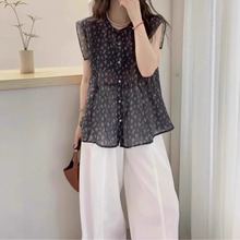 减龄碎花雪纺短袖女2025新款爆款无袖别致衬衫显瘦遮肚a字版上衣