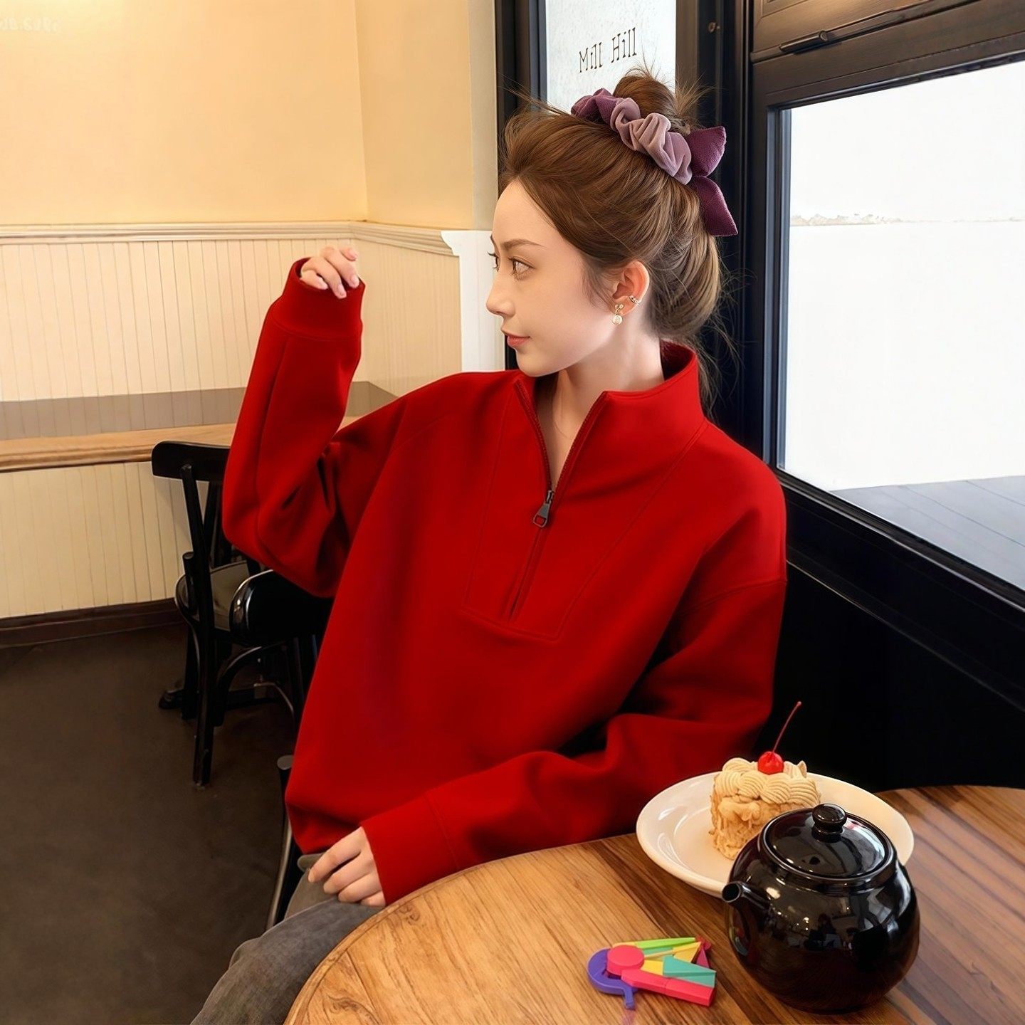 简约大气~红色半拉链立领卫衣女款秋冬2026新年穿搭休闲百搭上衣,女装/女士精品,大码内搭,淘宝优惠券,粉丝福利购,淘宝优惠卷