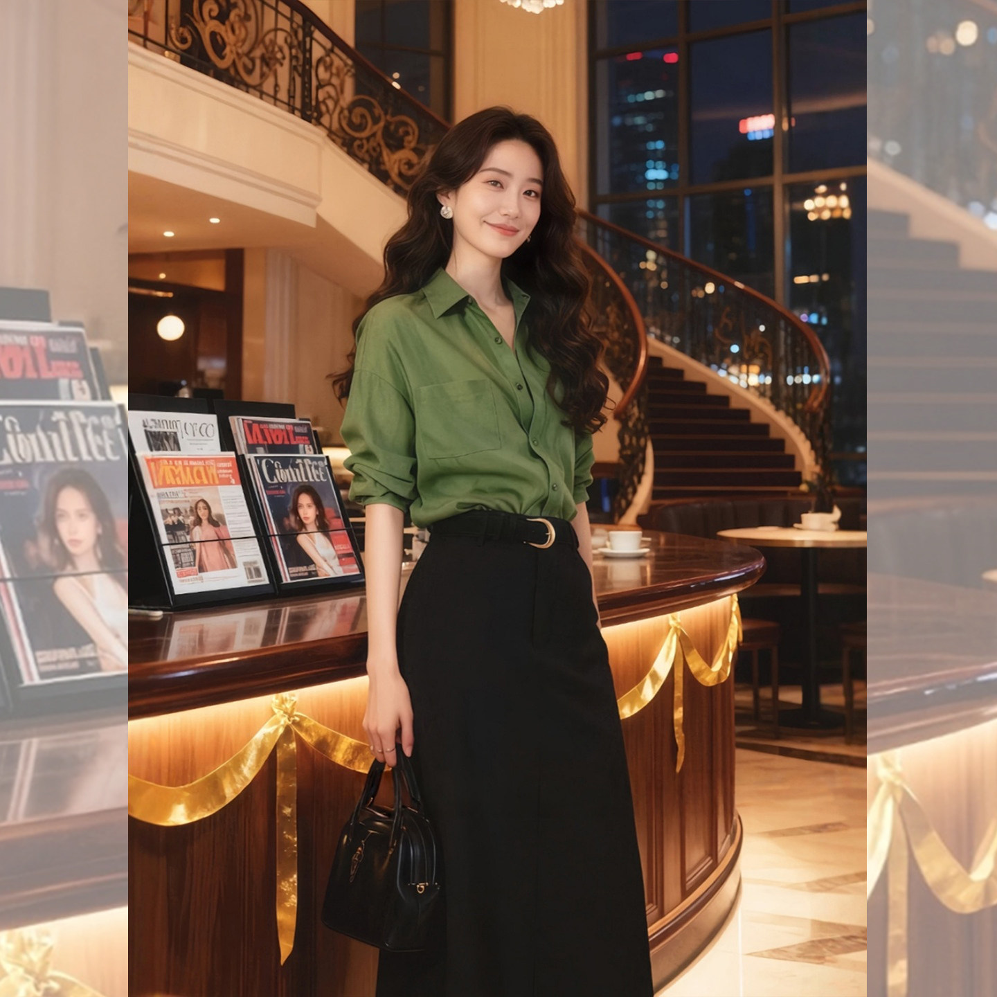 轻熟港姐~复古港风绿色衬衫套装女春季黑色半身裙气质通勤两件套,女装/女士精品,时尚套装,淘宝优惠券,粉丝福利购,淘宝优惠卷