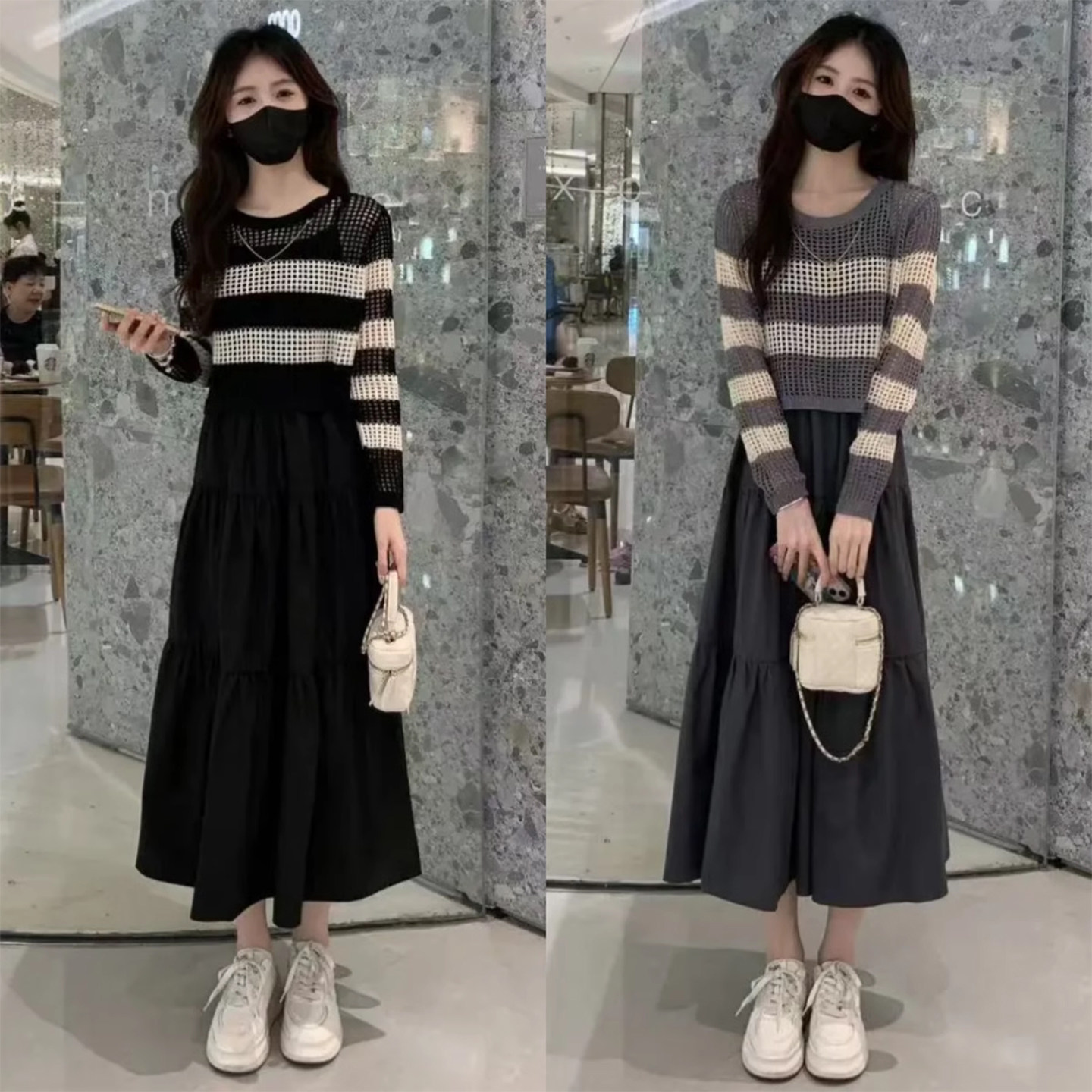 镂空漫影~慵懒风黑白条纹针织套装女春镂空上衣吊带连衣裙两件套