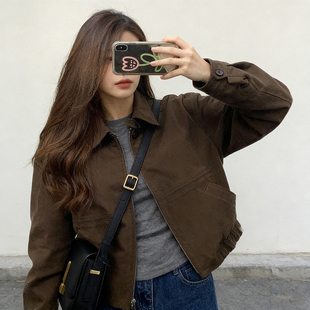 简约日常~咖色翻领高级感短款夹克外套女秋冬小个子气质休闲上衣