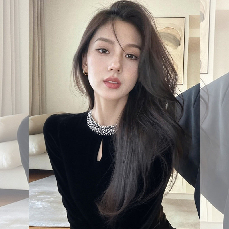 法式赫本风复古黑色丝绒衬衫女