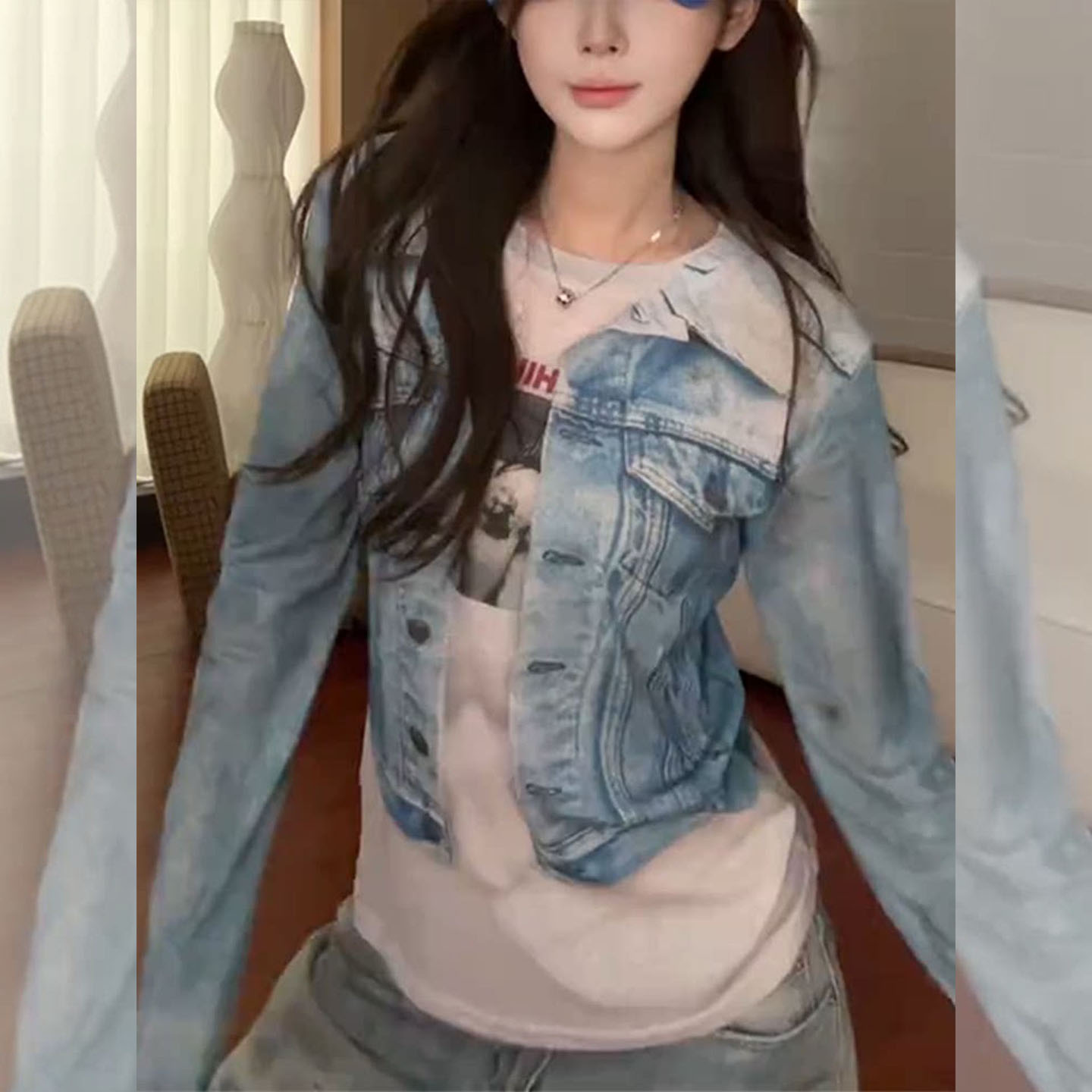 牛仔夹克视觉印花长袖T恤秋季女图片