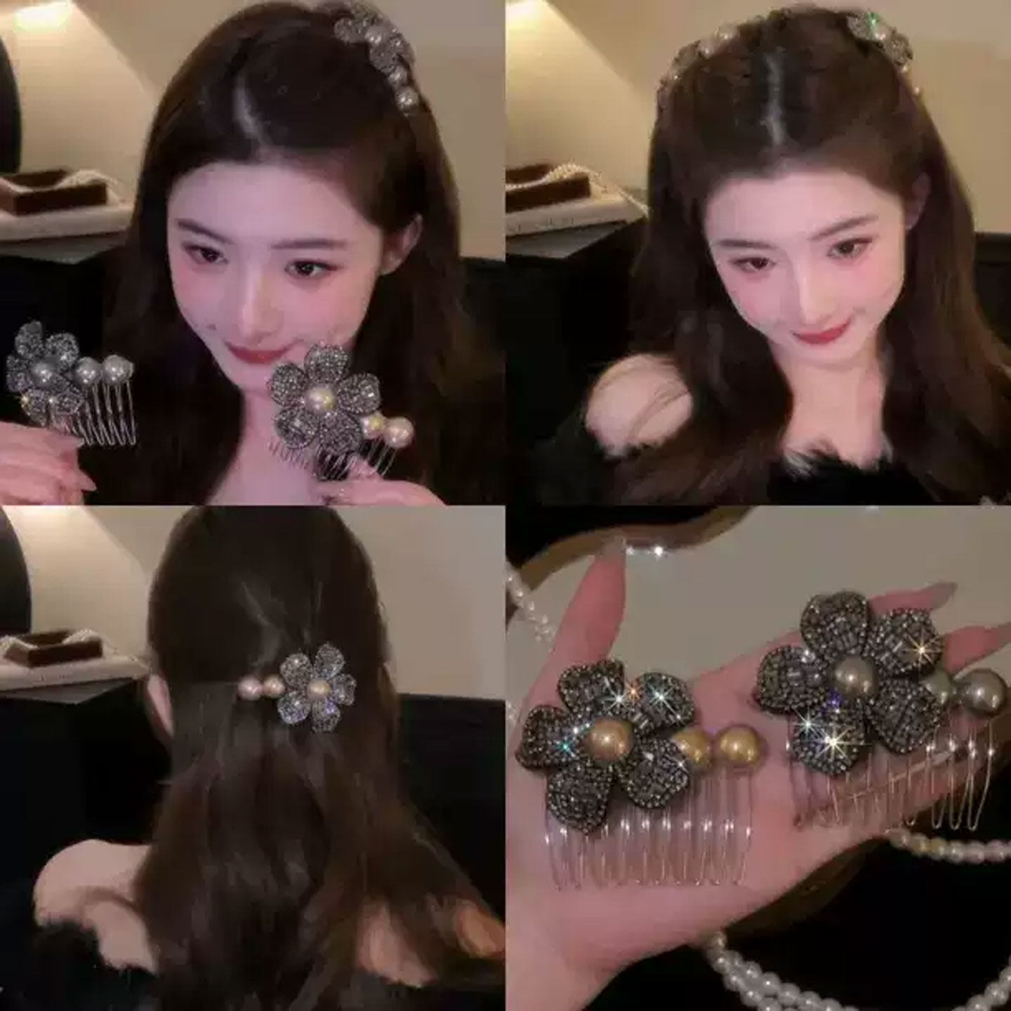 重工镶钻水晶花朵发梳倒插梳甜美少女高级感发饰百搭显脸小插梳女