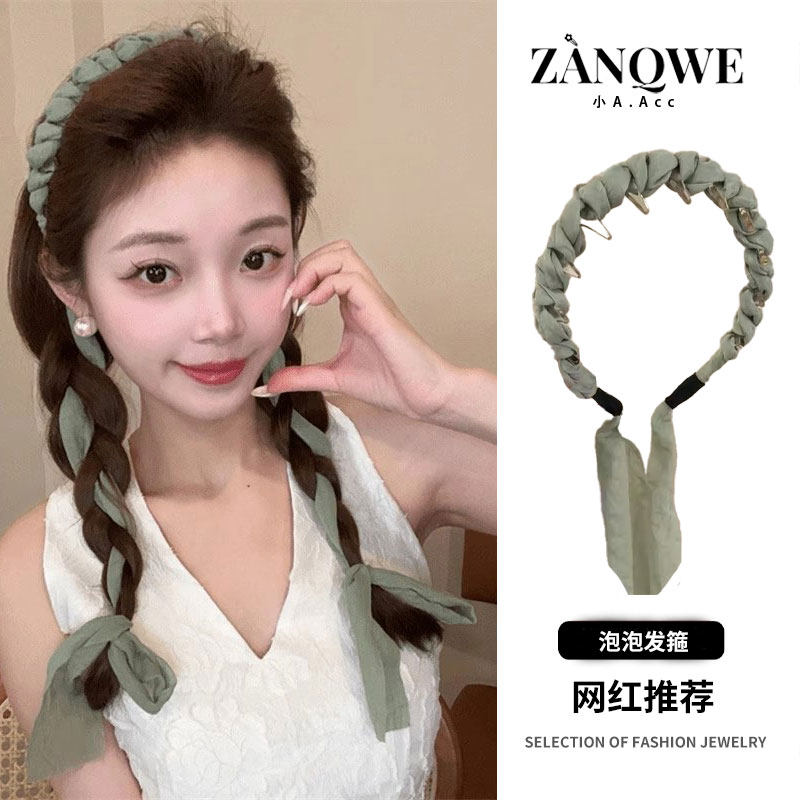 森系碎花带齿波浪飘带发箍女高颅顶头箍麻花辫编发一体丝带绑发带