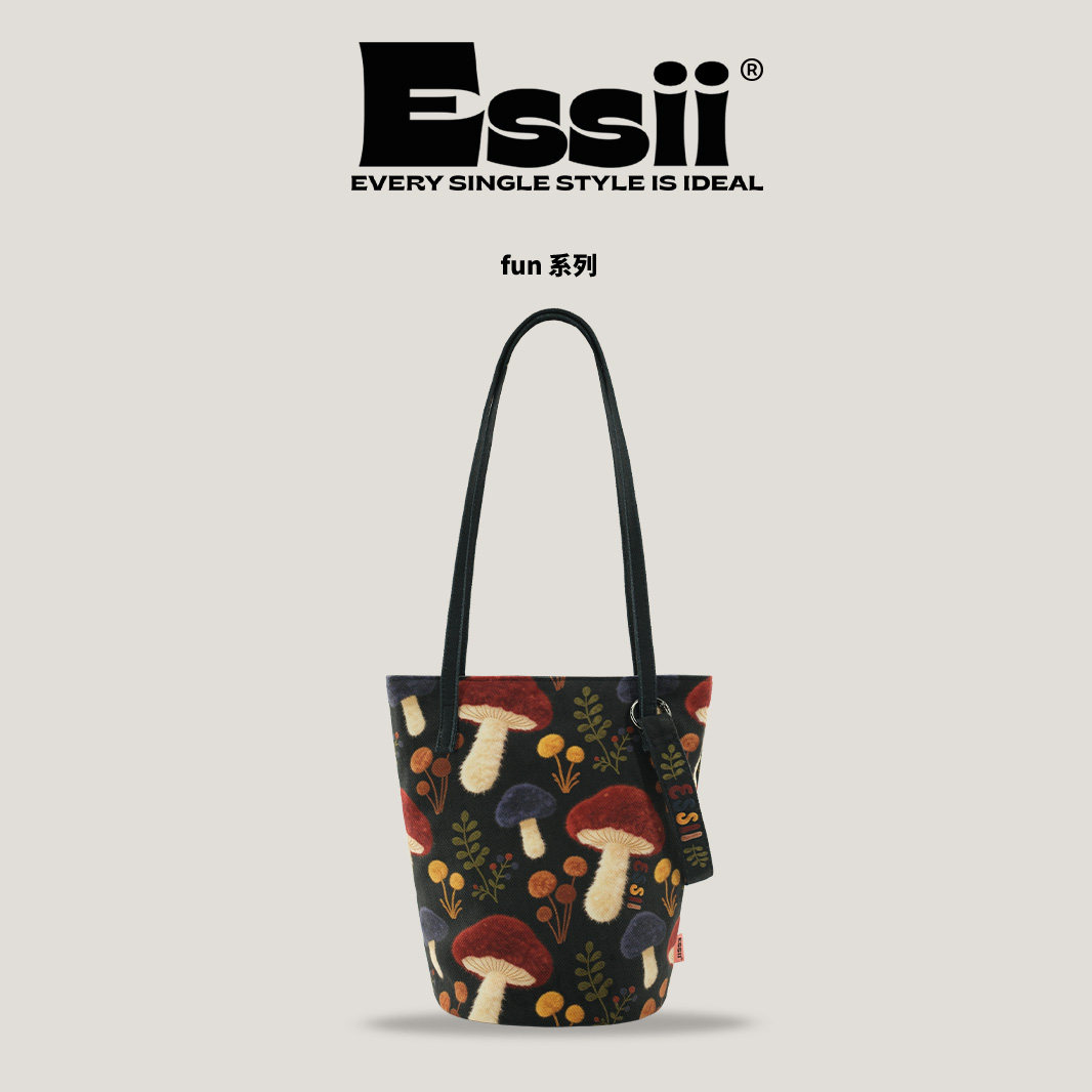 完美款款红伞伞小蘑菇可爱卡通印花单肩腋下可斜挎加长水桶帆布包