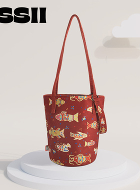 完美款款金鱼满堂插画红色印花小众通勤可斜挎单肩包加长水桶布包