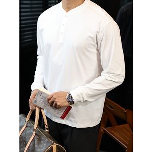 简素Design索罗娜抗菌卫衣T恤男亨利领宽松打底衫 纯色通勤上衣冬