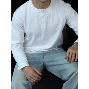 简素Design水洗竹节棉重磅T恤衫 男复古亨利领纯棉宽松打底上衣冬